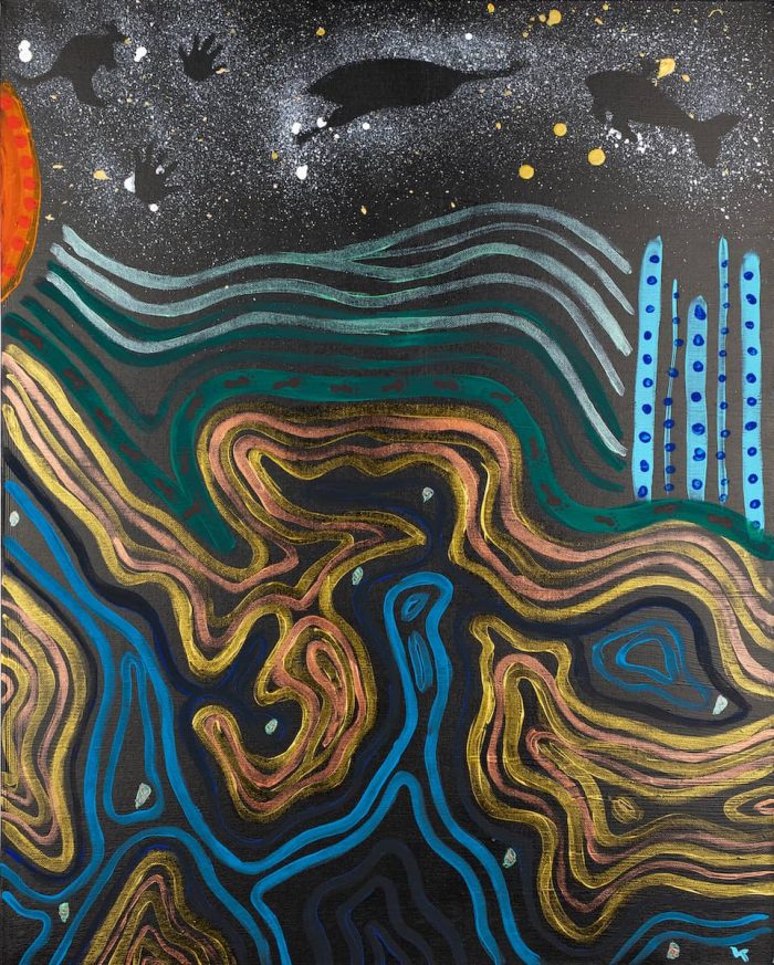 Aboriginal artwork from artist Luana Towney, depicting land, sea and sky.