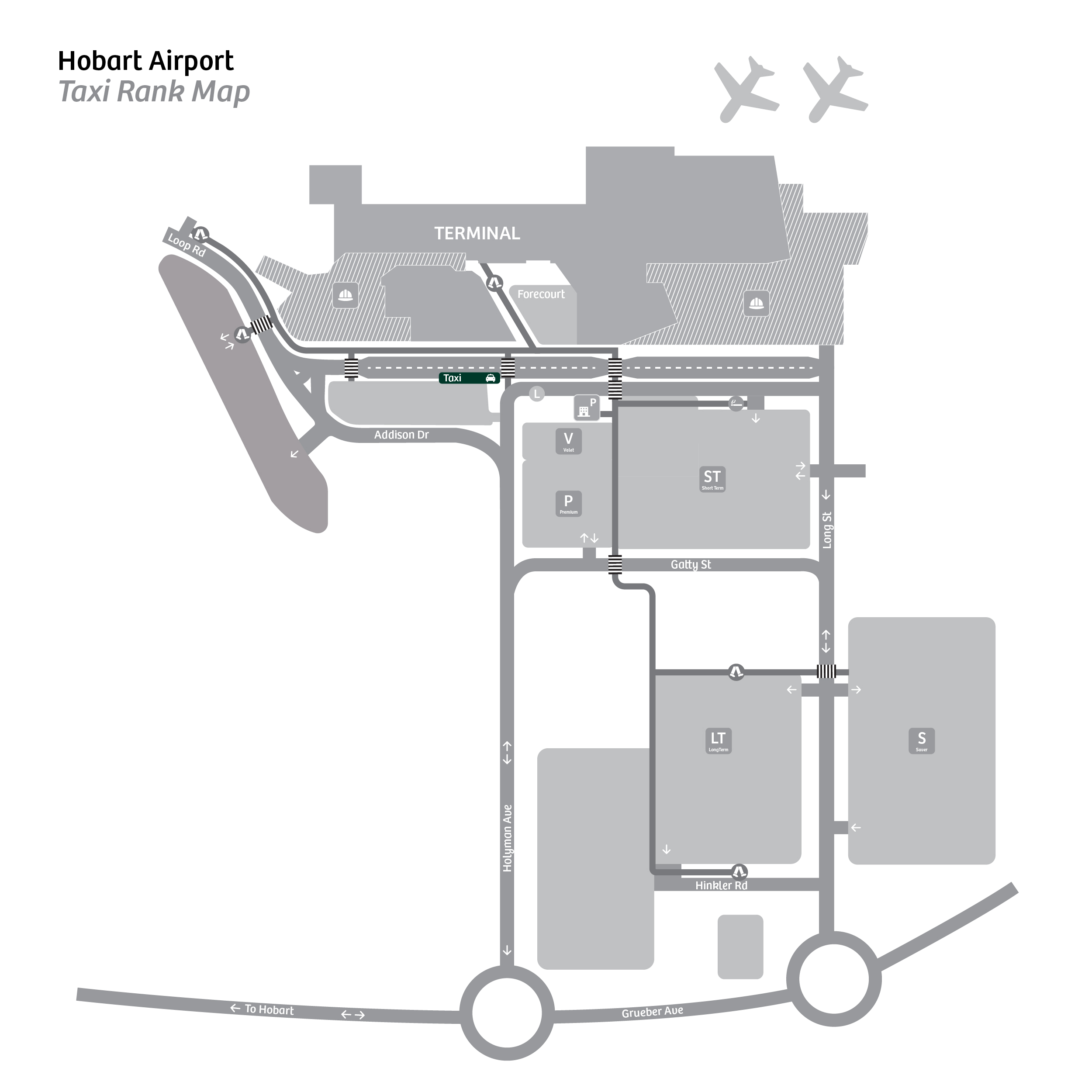 Simplified airport map of taxi area.