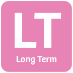 A pink carpark icon with a big bold capital L and capital T, standing for 'Long Term'