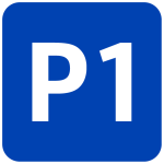 A square carpark signage icon for the 4th parking area. The letter P and number 1 are printed on a blue background.