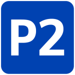 A square carpark signage icon for the 4th parking area. The letter P and number 2 are printed on a blue background.