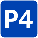 A square carpark signage icon for the 4th parking area. The letter P and number 4 are printed on a blue background.