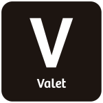 An black green carpark icon with a big bold capital V standing for 'Valet'