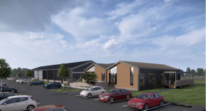 architect render image of a pitched roof building with a small car park in the foreground.