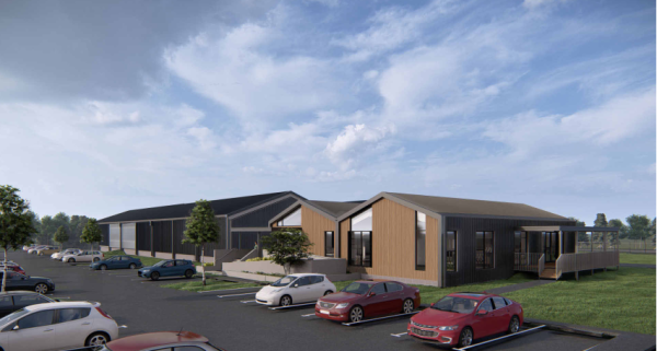 architect render image of a pitched roof building with a small car park in the foreground.